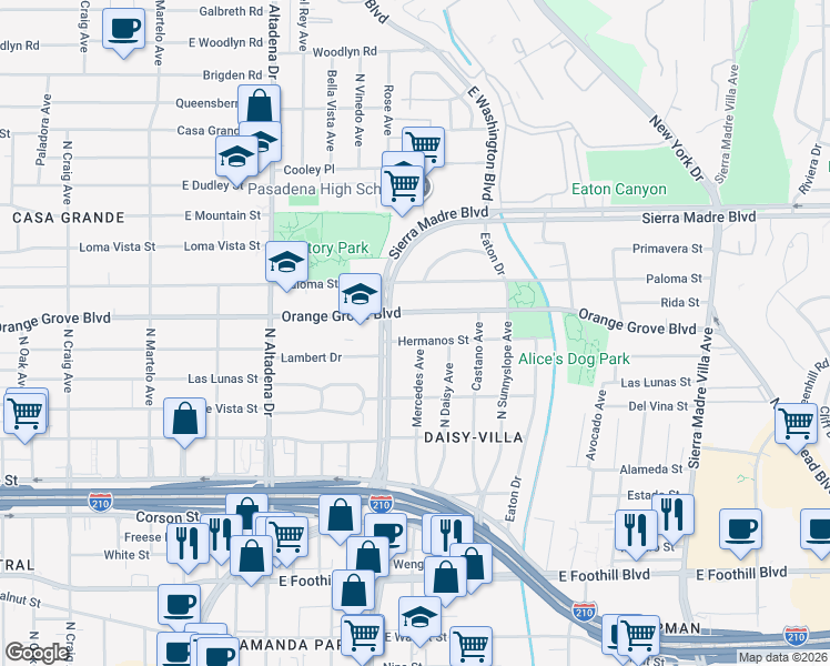 map of restaurants, bars, coffee shops, grocery stores, and more near 2785 Hermanos Street in Pasadena