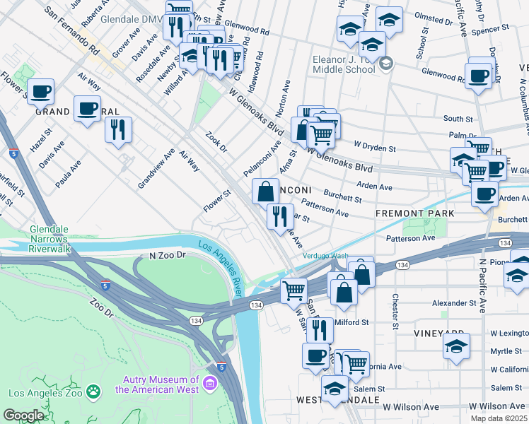 map of restaurants, bars, coffee shops, grocery stores, and more near 5820 San Fernando Road in Glendale