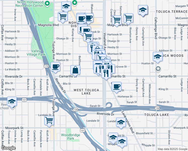 map of restaurants, bars, coffee shops, grocery stores, and more near 11107 Camarillo Street in Los Angeles