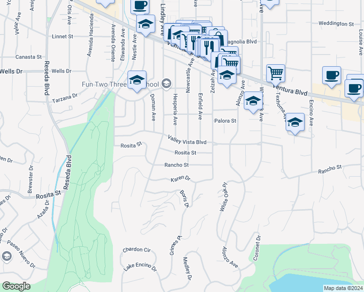map of restaurants, bars, coffee shops, grocery stores, and more near 18016 Valley Vista Boulevard in Los Angeles