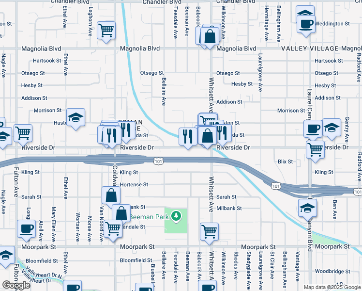 map of restaurants, bars, coffee shops, grocery stores, and more near 12699 Riverside Drive in Los Angeles