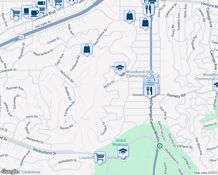 map of restaurants, bars, coffee shops, grocery stores, and more near 22262 Ninfa Court in Los Angeles