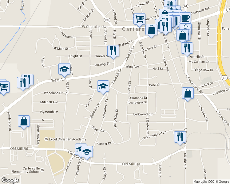 map of restaurants, bars, coffee shops, grocery stores, and more near 1 Ridgeview Drive in Cartersville