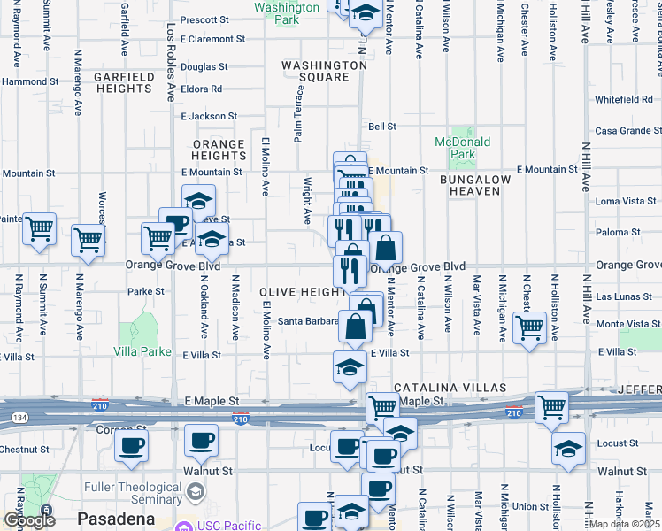 map of restaurants, bars, coffee shops, grocery stores, and more near 795 East Orange Grove Boulevard in Pasadena