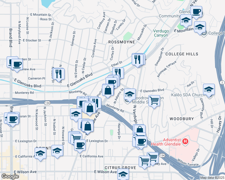 map of restaurants, bars, coffee shops, grocery stores, and more near 804 1/2 North Glendale Avenue in Glendale