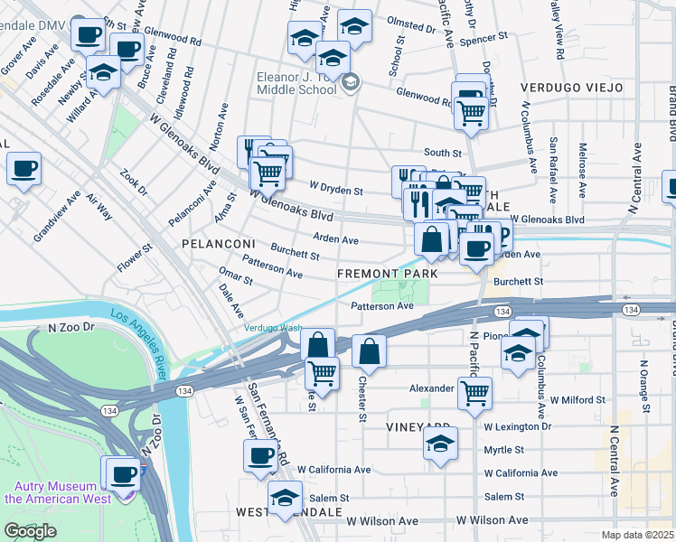 map of restaurants, bars, coffee shops, grocery stores, and more near 684 Burchett Street in Glendale