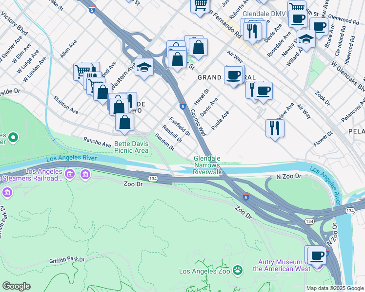 map of restaurants, bars, coffee shops, grocery stores, and more near 1319 Randall Street in Glendale