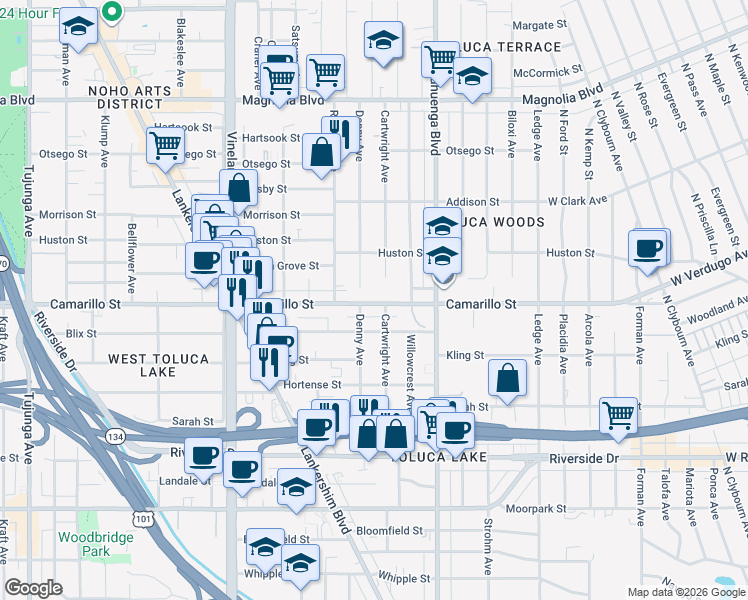 map of restaurants, bars, coffee shops, grocery stores, and more near 10655 Camarillo Street in Los Angeles