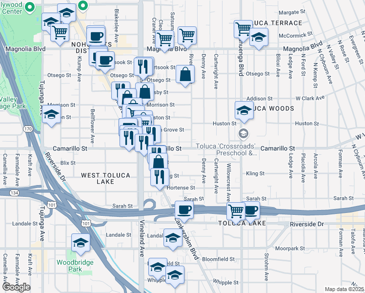 map of restaurants, bars, coffee shops, grocery stores, and more near 10815 Camarillo Street in Los Angeles
