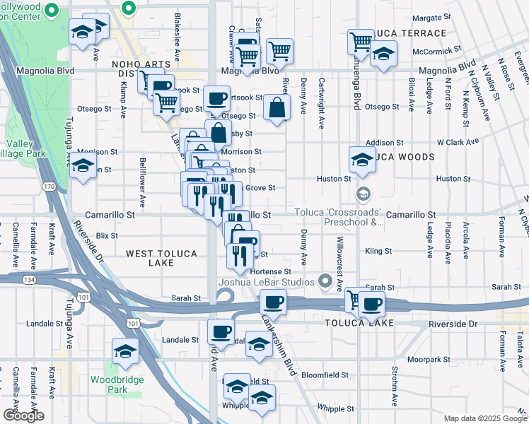 map of restaurants, bars, coffee shops, grocery stores, and more near 10815 Camarillo Street in Los Angeles