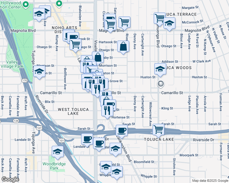 map of restaurants, bars, coffee shops, grocery stores, and more near 4806 Cleon Avenue in Los Angeles