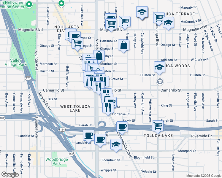 map of restaurants, bars, coffee shops, grocery stores, and more near 4806 Cleon Avenue in Los Angeles