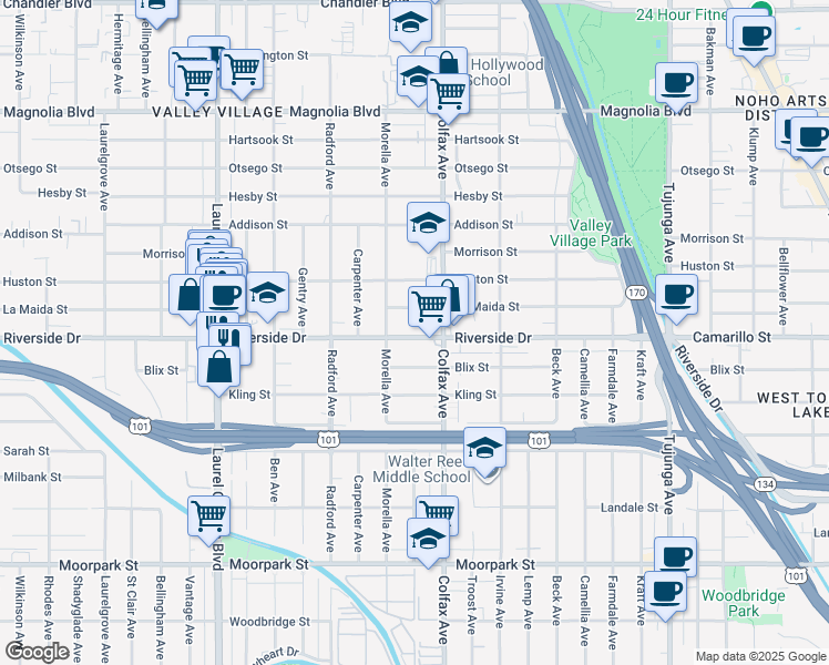 map of restaurants, bars, coffee shops, grocery stores, and more near 11733 Riverside Drive in Los Angeles