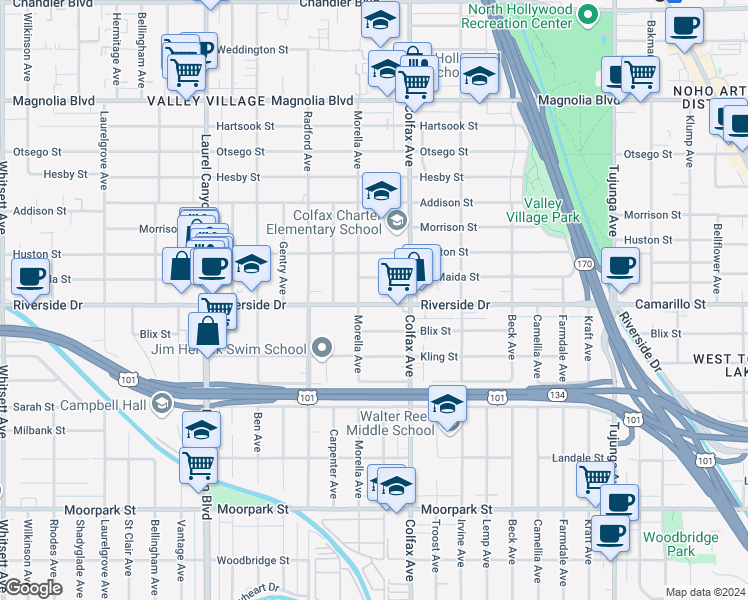 map of restaurants, bars, coffee shops, grocery stores, and more near 11733 Riverside Drive in Los Angeles