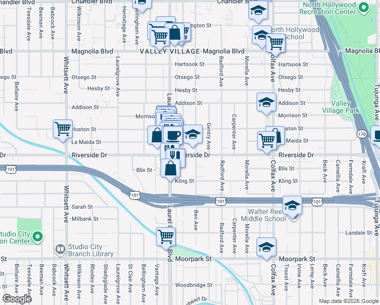 map of restaurants, bars, coffee shops, grocery stores, and more near 12021 Riverside Drive in Los Angeles