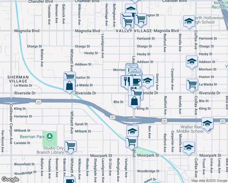 map of restaurants, bars, coffee shops, grocery stores, and more near 12217 Riverside Drive in Los Angeles