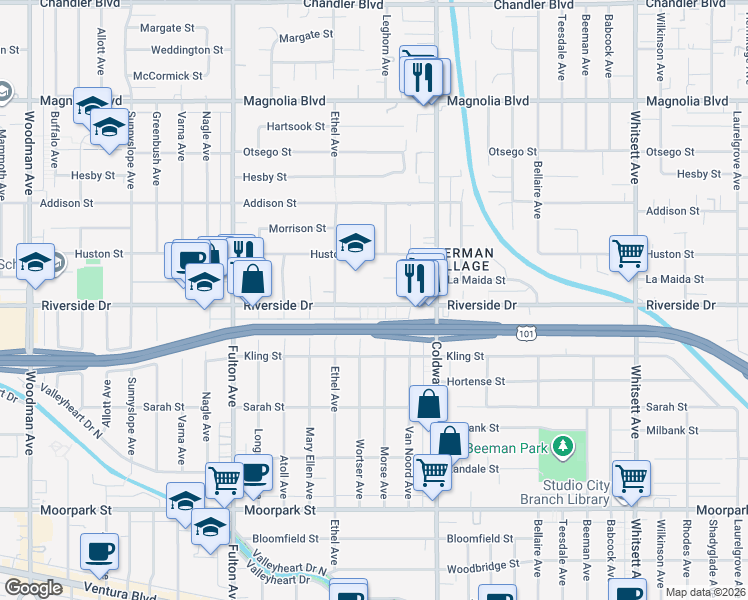map of restaurants, bars, coffee shops, grocery stores, and more near 12955 Riverside Drive in Los Angeles