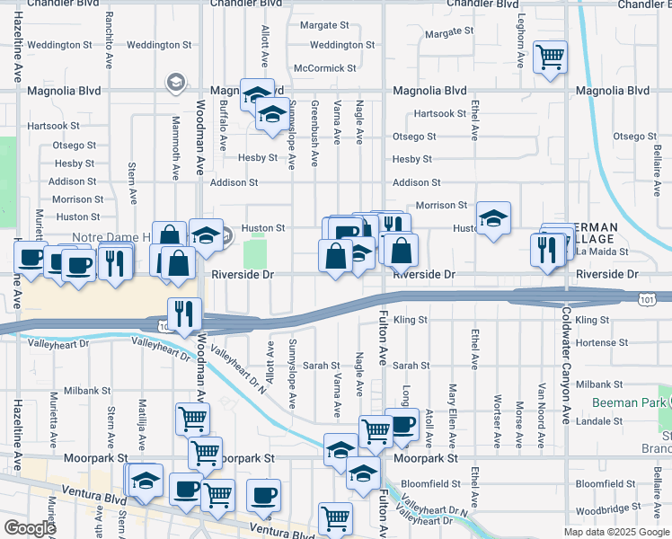 map of restaurants, bars, coffee shops, grocery stores, and more near 13407 Riverside Drive in Los Angeles