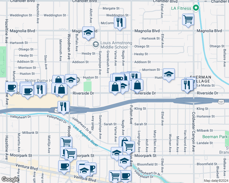 map of restaurants, bars, coffee shops, grocery stores, and more near 13407 Riverside Drive in Los Angeles