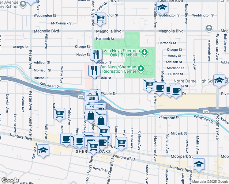 map of restaurants, bars, coffee shops, grocery stores, and more near 14347 Riverside Drive in Los Angeles