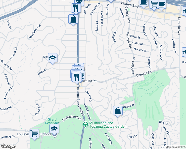 map of restaurants, bars, coffee shops, grocery stores, and more near 21827 Providencia Street in Los Angeles