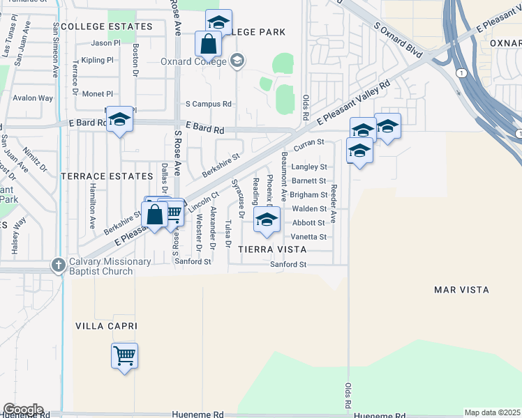 map of restaurants, bars, coffee shops, grocery stores, and more near 4631 Phoenix Drive in Oxnard
