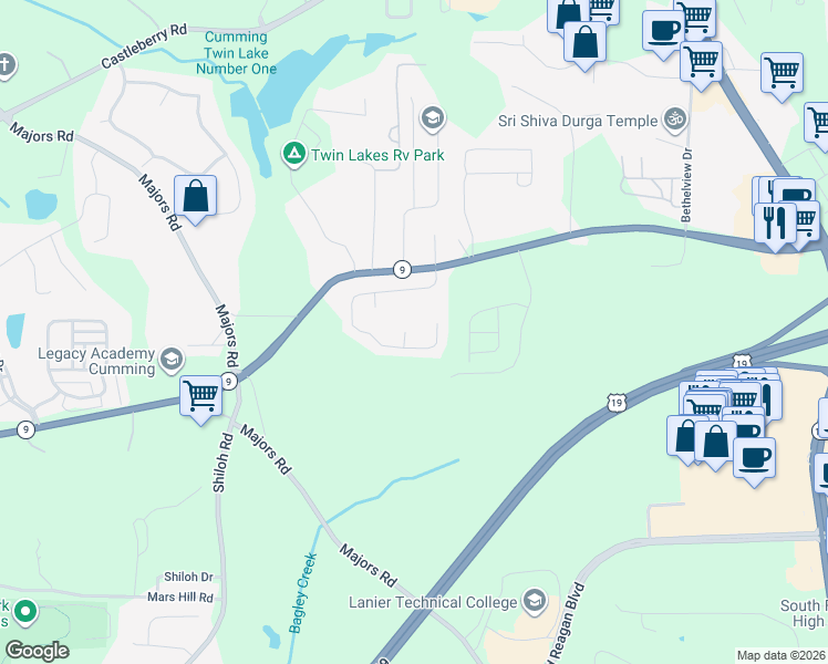map of restaurants, bars, coffee shops, grocery stores, and more near 3161 Cross Creek Drive in Cumming