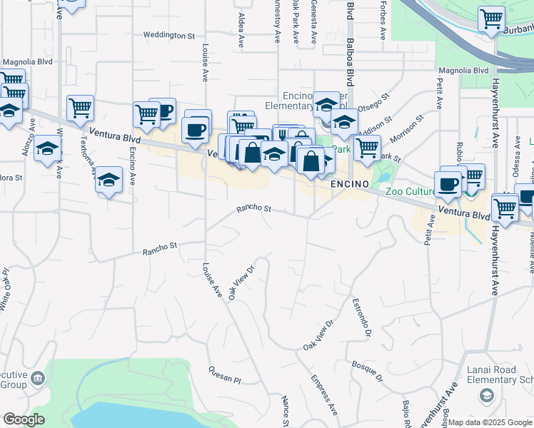 map of restaurants, bars, coffee shops, grocery stores, and more near 17070 Rancho Street in Los Angeles