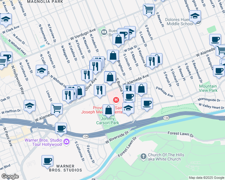 map of restaurants, bars, coffee shops, grocery stores, and more near 2600 West Alameda Avenue in Burbank