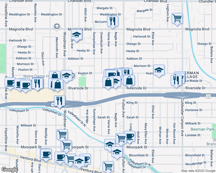 map of restaurants, bars, coffee shops, grocery stores, and more near 13407 Riverside Drive in Los Angeles