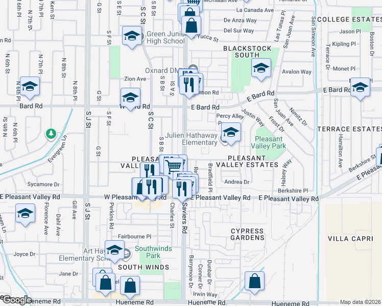 map of restaurants, bars, coffee shops, grocery stores, and more near 172 Fashion Park Place in Oxnard
