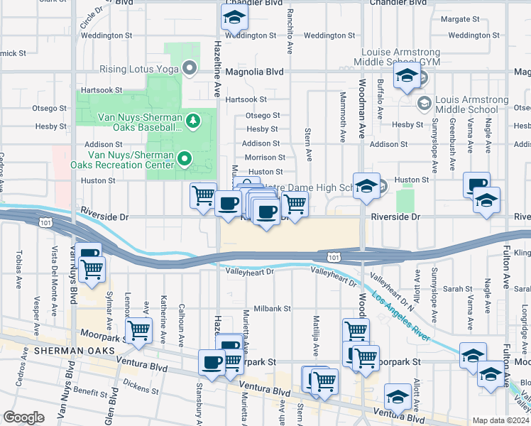 map of restaurants, bars, coffee shops, grocery stores, and more near 13967 Riverside Drive in Los Angeles