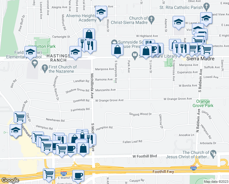 map of restaurants, bars, coffee shops, grocery stores, and more near 592 Manzanita Avenue in Sierra Madre