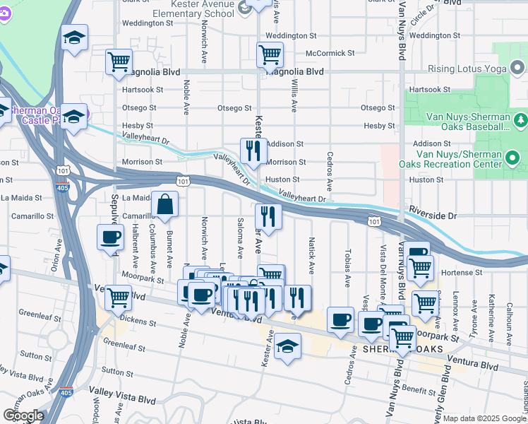 map of restaurants, bars, coffee shops, grocery stores, and more near 4808 Kester Avenue in Los Angeles