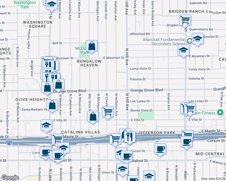 map of restaurants, bars, coffee shops, grocery stores, and more near 1310 East Orange Grove Boulevard in Pasadena