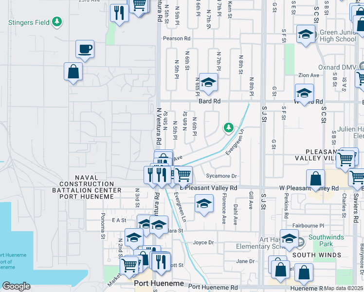 map of restaurants, bars, coffee shops, grocery stores, and more near 1043 North 6th Street in Port Hueneme