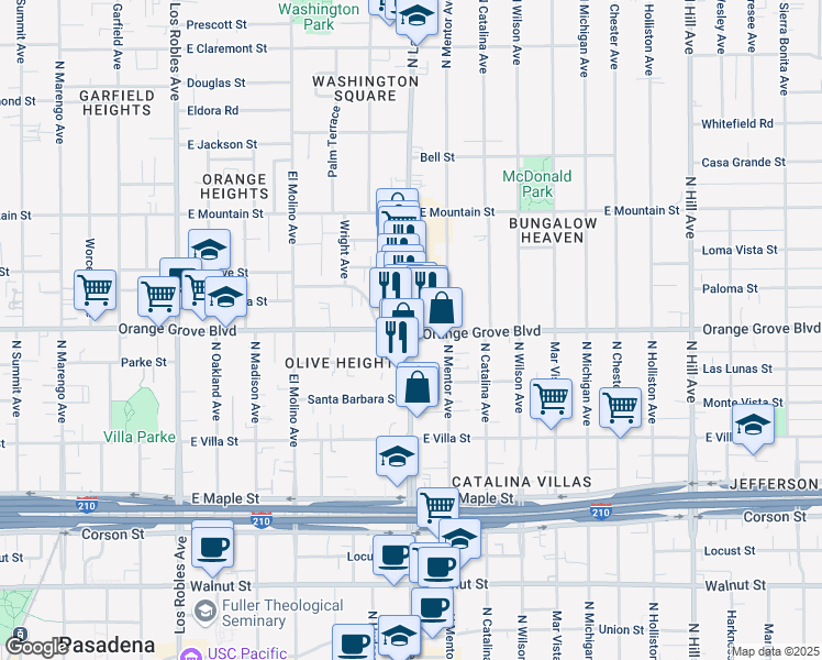 map of restaurants, bars, coffee shops, grocery stores, and more near East Orange Grove Boulevard & North Lake Avenue in Pasadena