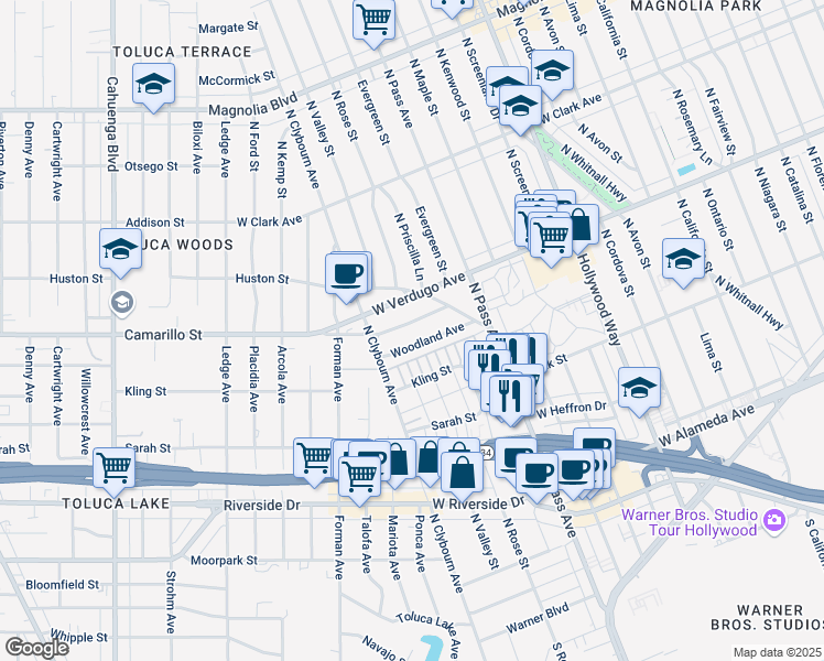 map of restaurants, bars, coffee shops, grocery stores, and more near 4314 Jacaranda Avenue in Burbank