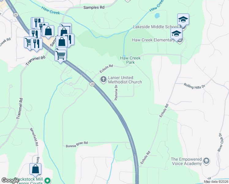 map of restaurants, bars, coffee shops, grocery stores, and more near 2135 Vistoria Drive in Cumming
