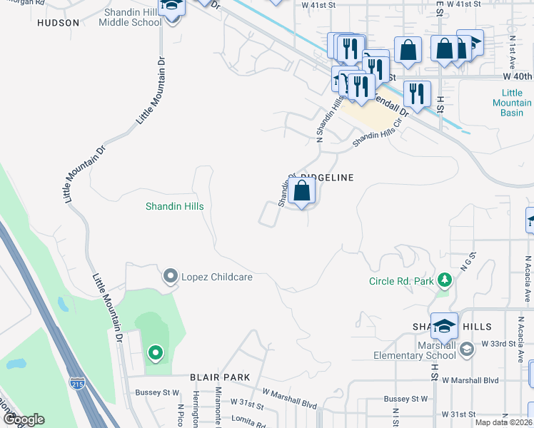map of restaurants, bars, coffee shops, grocery stores, and more near 3675 Shandin Circle in San Bernardino