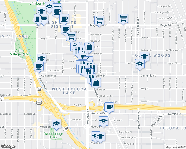 map of restaurants, bars, coffee shops, grocery stores, and more near 10935 Camarillo Street in Los Angeles