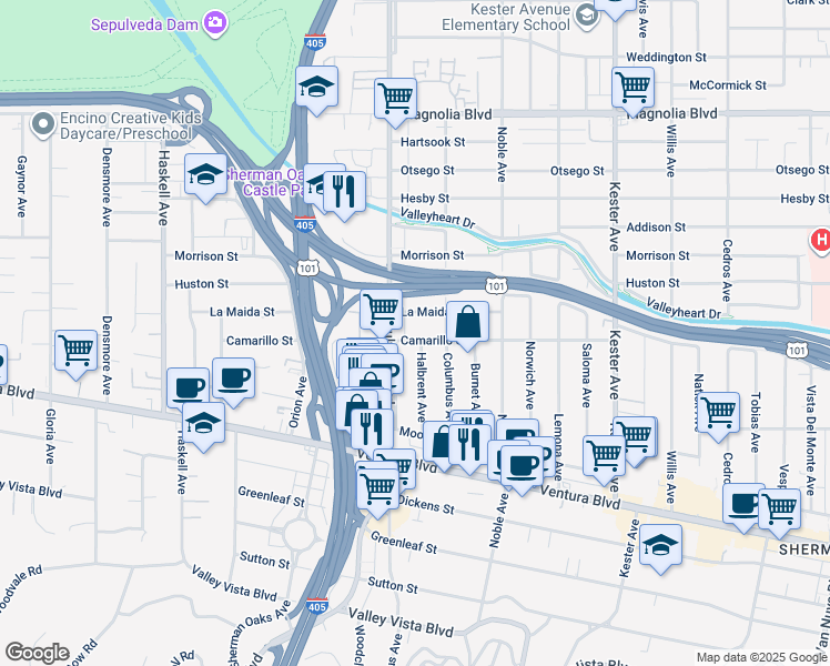 map of restaurants, bars, coffee shops, grocery stores, and more near 15233 Camarillo Street in Los Angeles