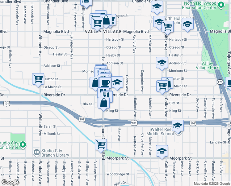 map of restaurants, bars, coffee shops, grocery stores, and more near 12021 Riverside Drive in Los Angeles