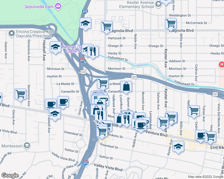 map of restaurants, bars, coffee shops, grocery stores, and more near 15231 Camarillo Street in Los Angeles