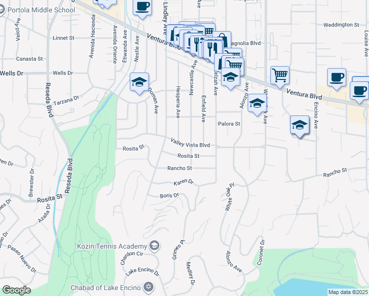 map of restaurants, bars, coffee shops, grocery stores, and more near 18016 Valley Vista Boulevard in Los Angeles