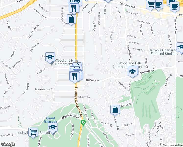 map of restaurants, bars, coffee shops, grocery stores, and more near 21817 Providencia Street in Los Angeles