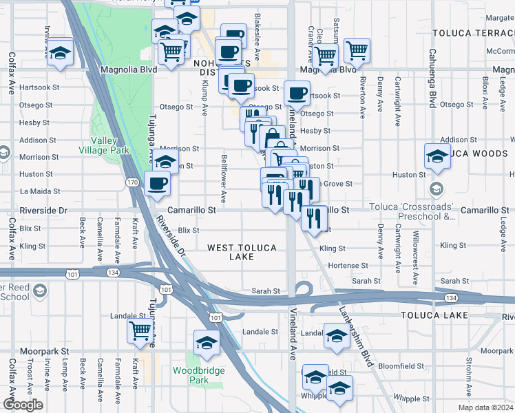 map of restaurants, bars, coffee shops, grocery stores, and more near 11103 3/4 Camarillo Street in Los Angeles