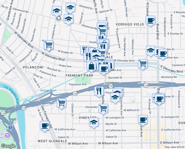 map of restaurants, bars, coffee shops, grocery stores, and more near 812 North Kenilworth Avenue in Glendale