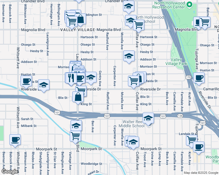 map of restaurants, bars, coffee shops, grocery stores, and more near 11857 Riverside Drive in Los Angeles