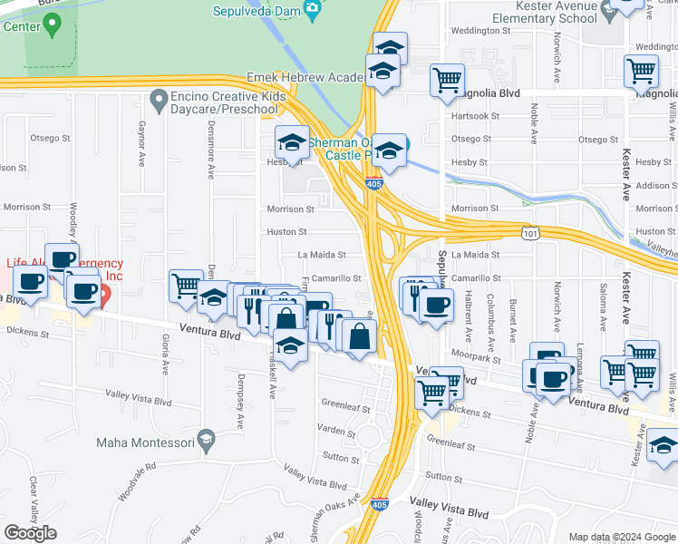 map of restaurants, bars, coffee shops, grocery stores, and more near 15451 Camarillo Street in Los Angeles